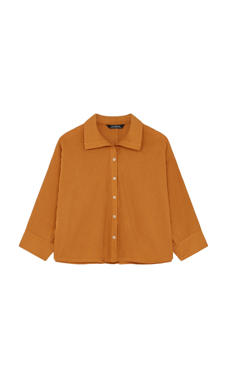 Plümo- The Karashi Shirt is a loose, long-sleeve Japanese top in mustard yellow with pintucks and a wide collar.