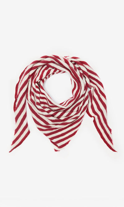 Plümo- Kate Necktie in red and white stripes with raw edge, displayed in a triangle on a white background.