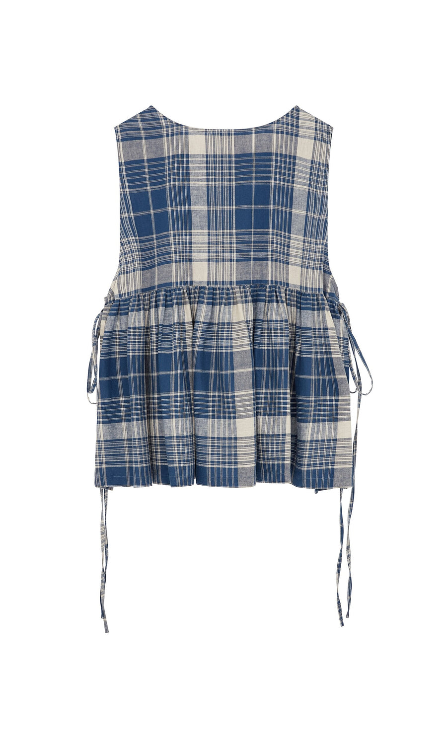 Plümo- Keefe Tabbard: Sleeveless blue and white plaid top with side ties, Banshu-ori fabric, flared hem.