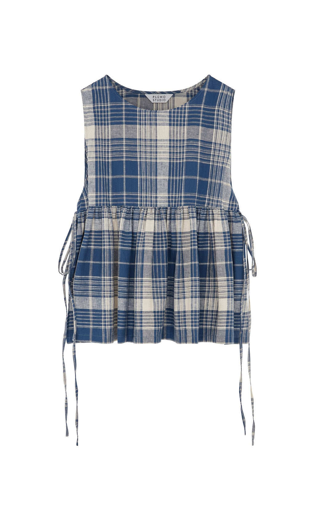 Plümo- Keefe Tabbard sleeveless blue and white plaid top with side ties and ruffled waist, shown on white background.
