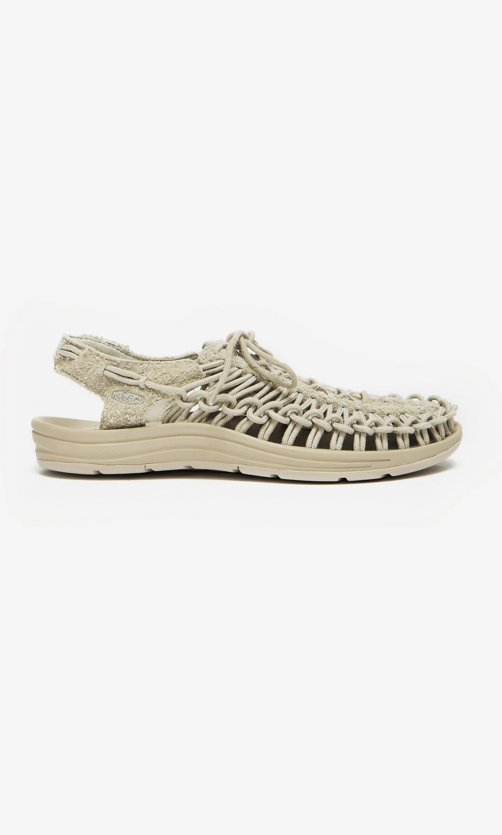 Plümo- Keen Sandals - Pebble: beige woven sporty sandal with open sides, back strap, and textured sole, shown in profile.