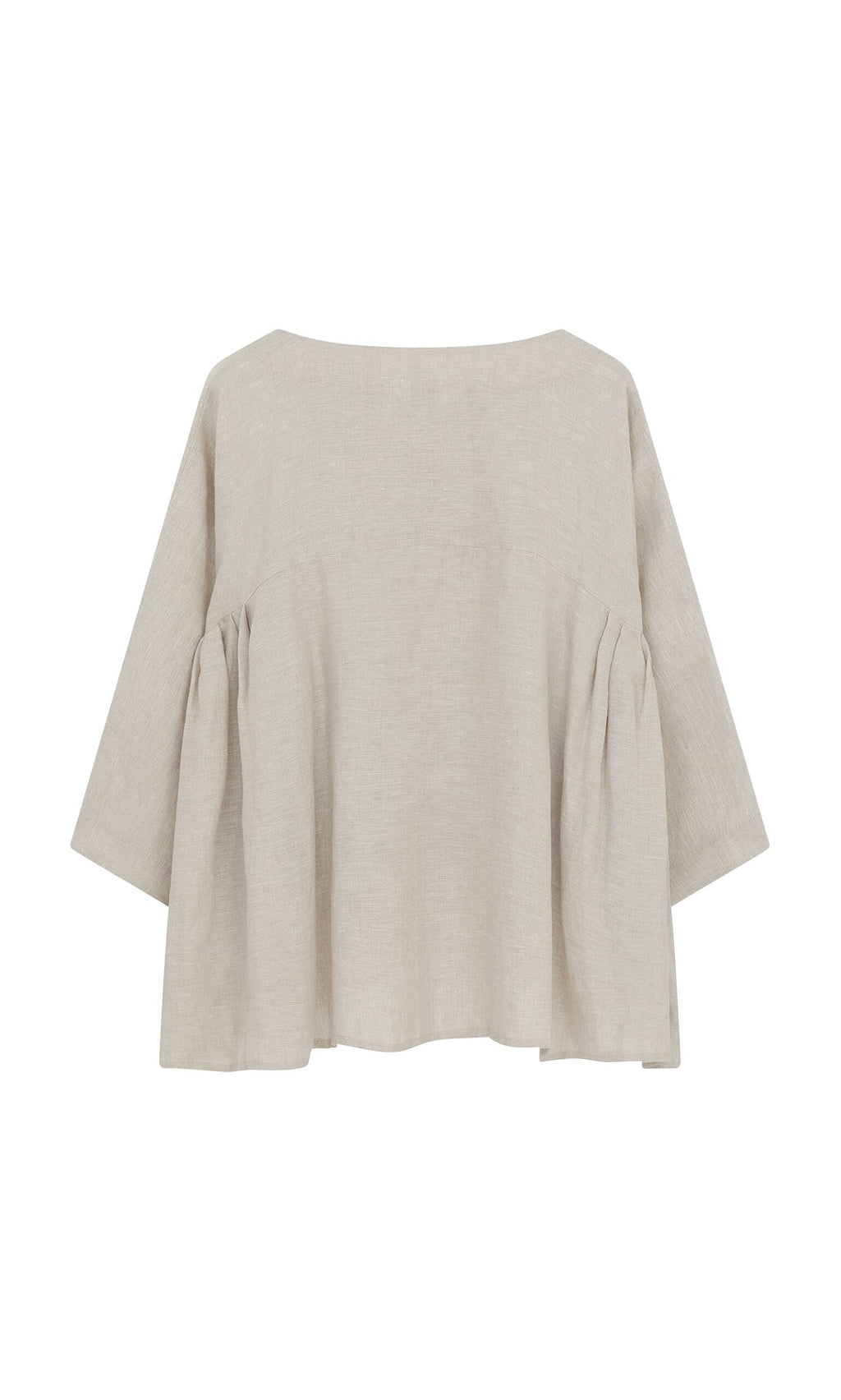 Plümo- Back view of the Kelli Blouse, an oversized beige Irish linen top with wide sleeves and gathered sides.