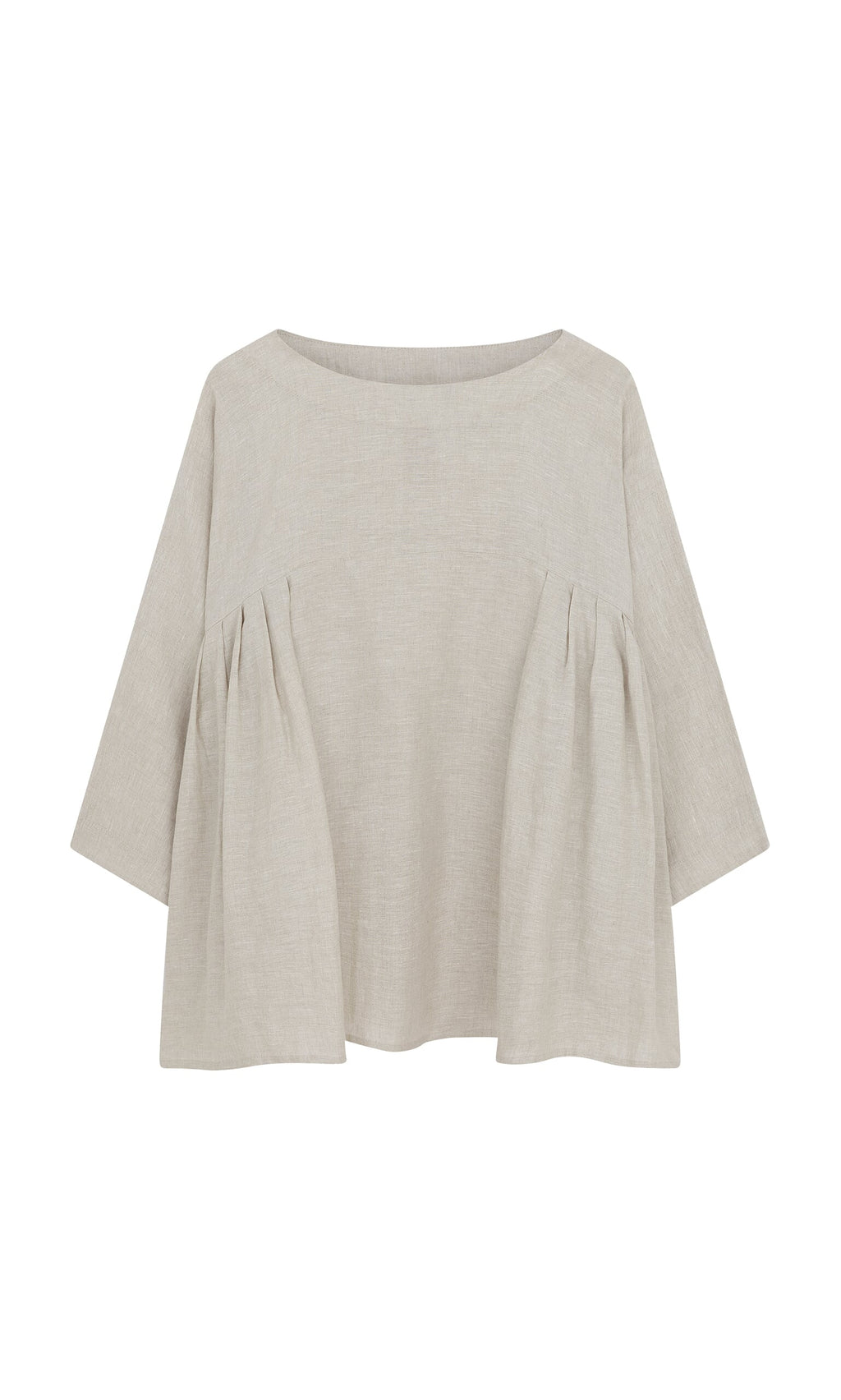 Plümo- The Kelli Blouse: a beige, loose Irish linen top with wide neckline and gathers—your perfect oversized summer blouse.