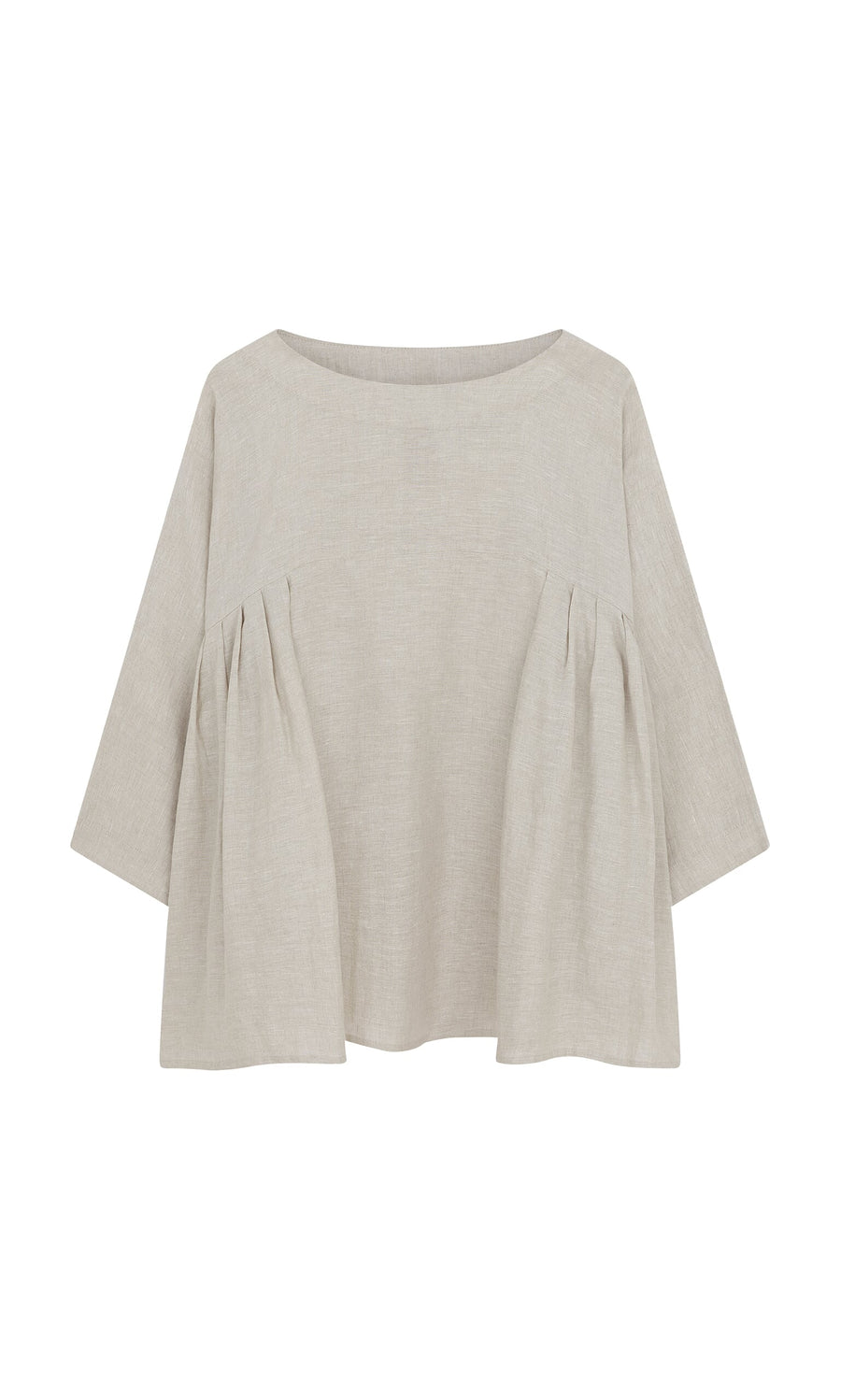 Plümo- The Kelli Blouse: a beige, loose Irish linen top with wide neckline and gathers—your perfect oversized summer blouse.