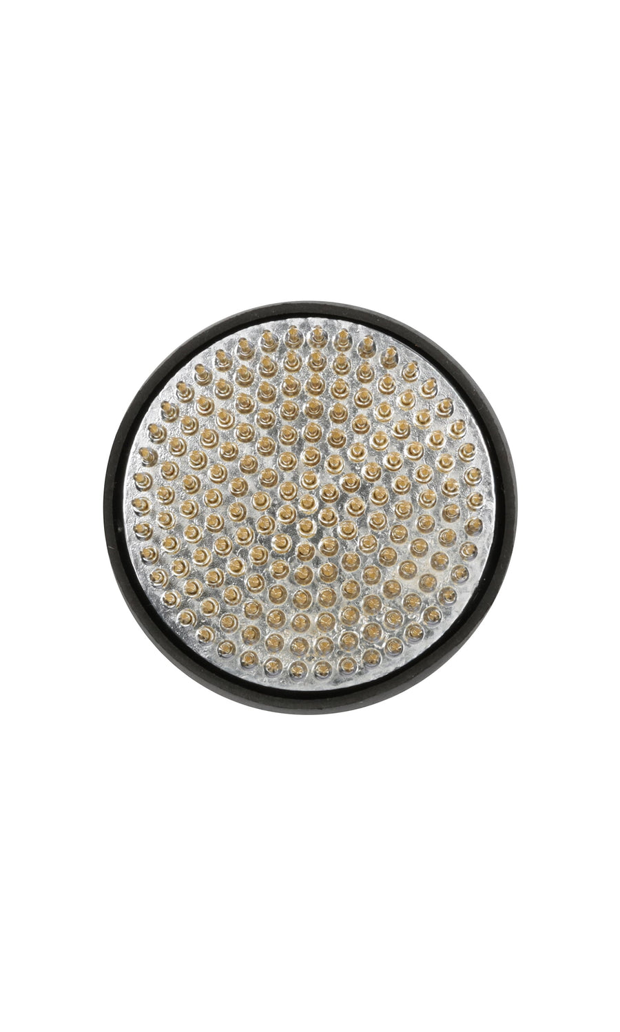 Plümo- Round overhead shower head with multiple nozzles, inspired by the Kenzan flower frog, viewed from above.