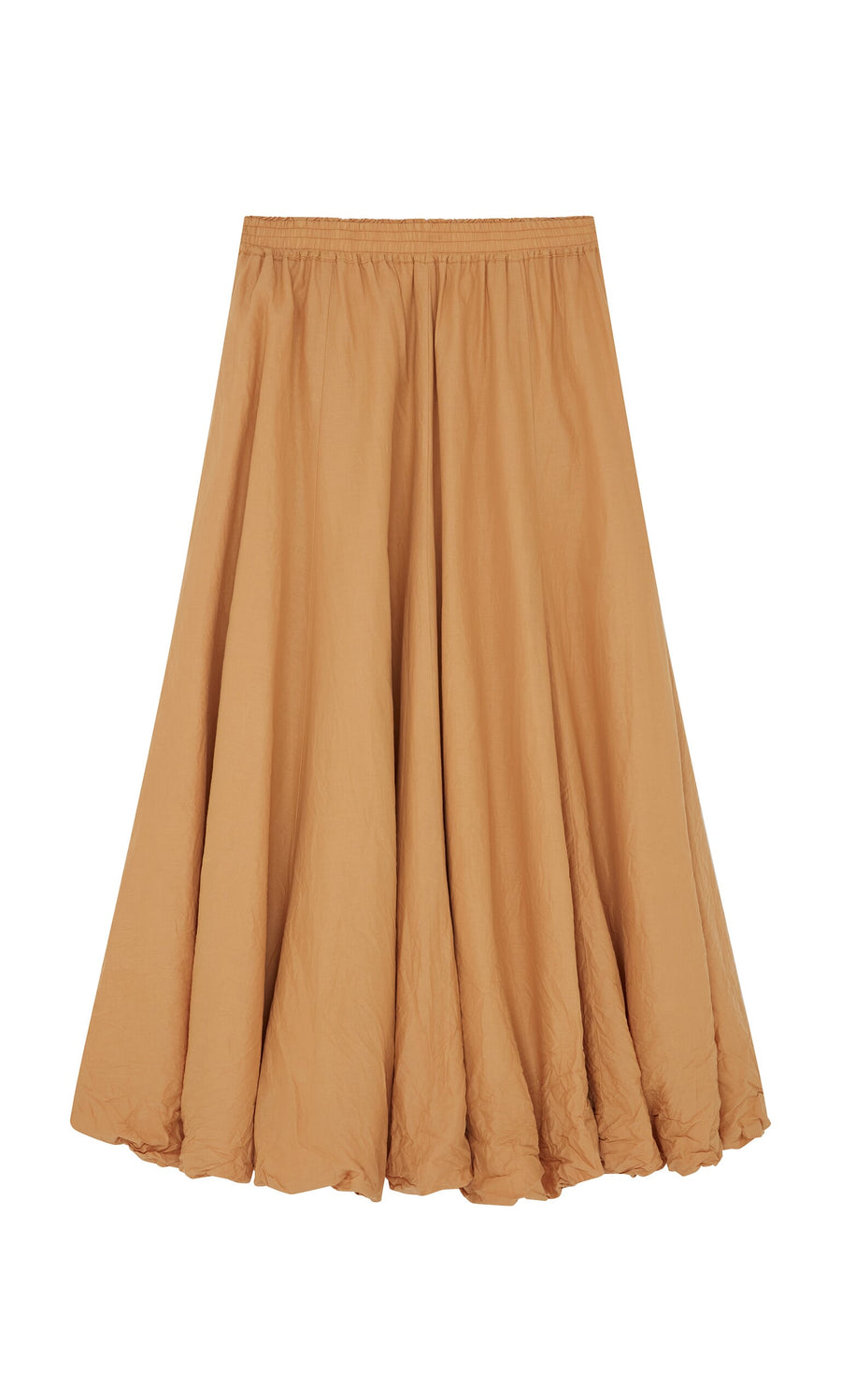 Plümo- The Kerze Skirt: a handmade, knee-length beige cotton skirt with an elastic waist, shown on a white background.