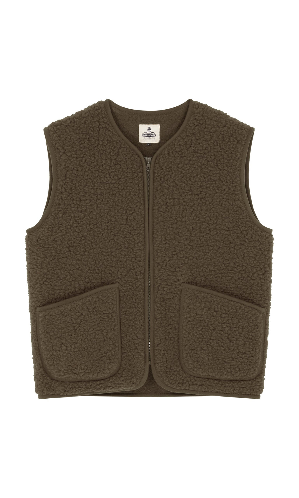 Plümo- Khaki Wool Gilet with cropped fit, front zipper, and two large pockets, shown on a white background.