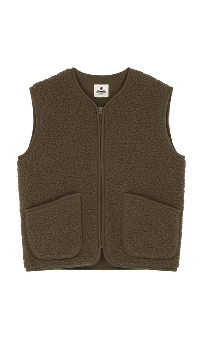 Plümo- Khaki Wool Gilet with cropped fit, front zipper, and two large pockets, shown on a white background.