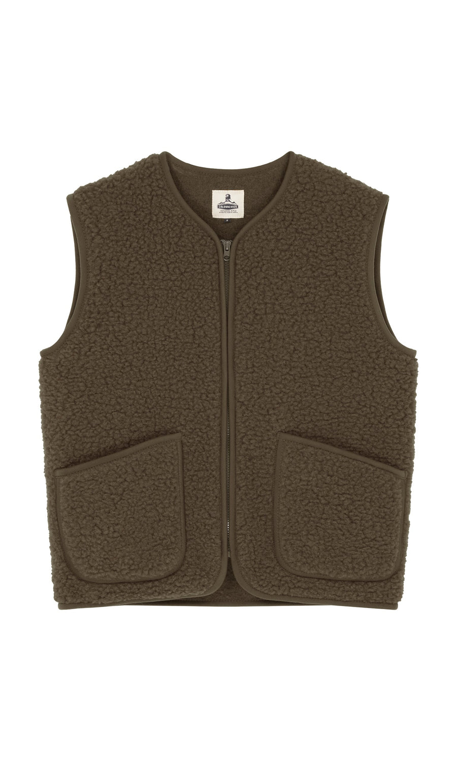 Plümo- Khaki Wool Gilet with cropped fit, front zipper, and two large pockets, shown on a white background.