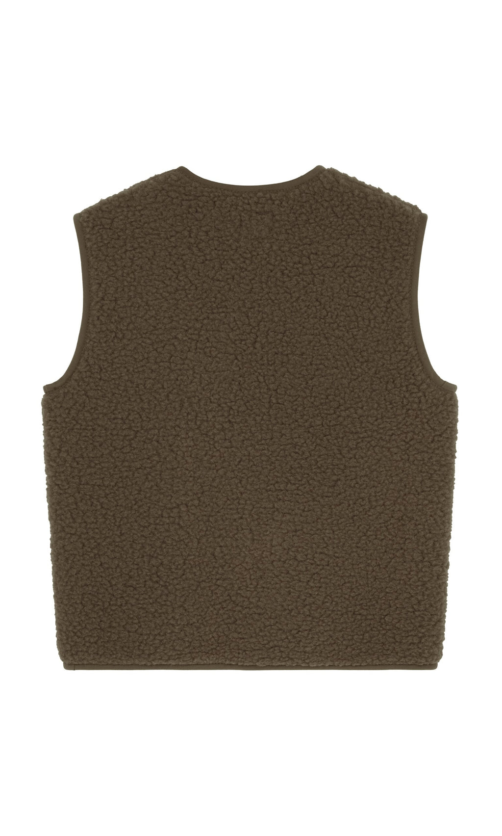 Plümo- Khaki Wool Gilet, sleeveless with textured fleece finish, shown from the back on a white background.