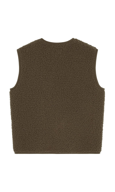 Plümo- Khaki Wool Gilet, sleeveless with textured fleece finish, shown from the back on a white background.
