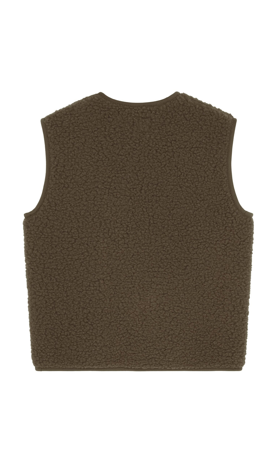 Plümo- Khaki Wool Gilet, sleeveless with textured fleece finish, shown from the back on a white background.