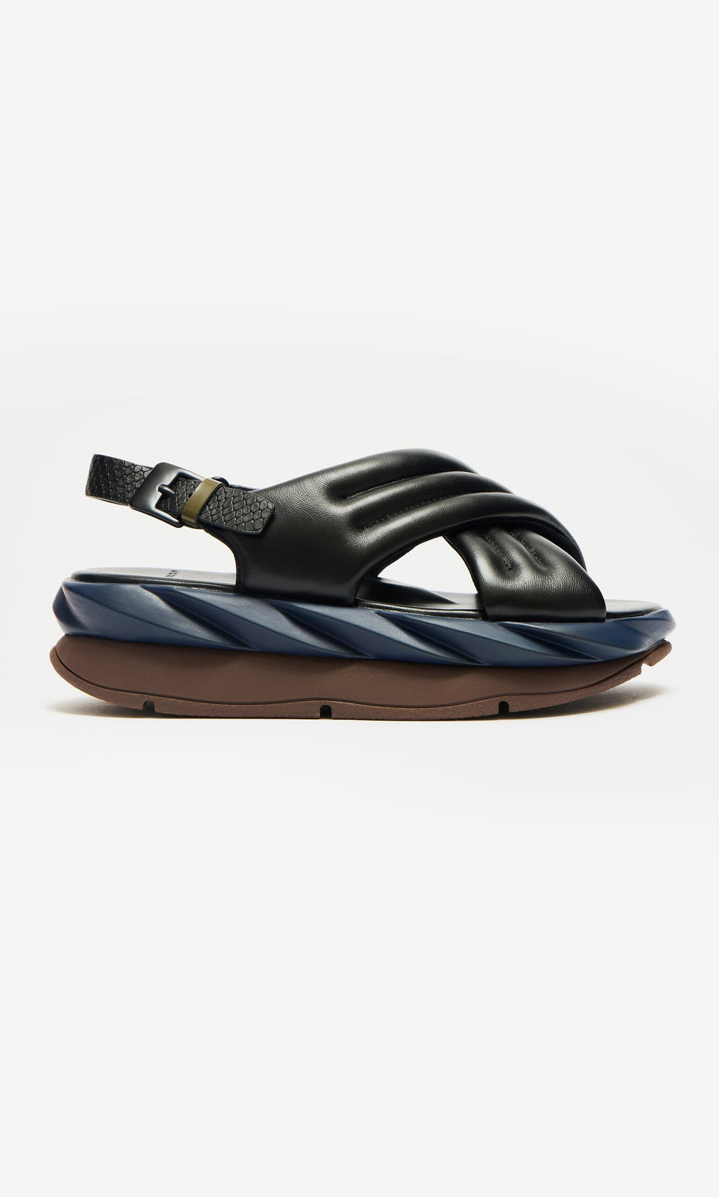 Plümo- Korra Sandals - Photoshoot Sample: black/navy padded leather, crisscross straps, buckle, cushioned wavy sole.