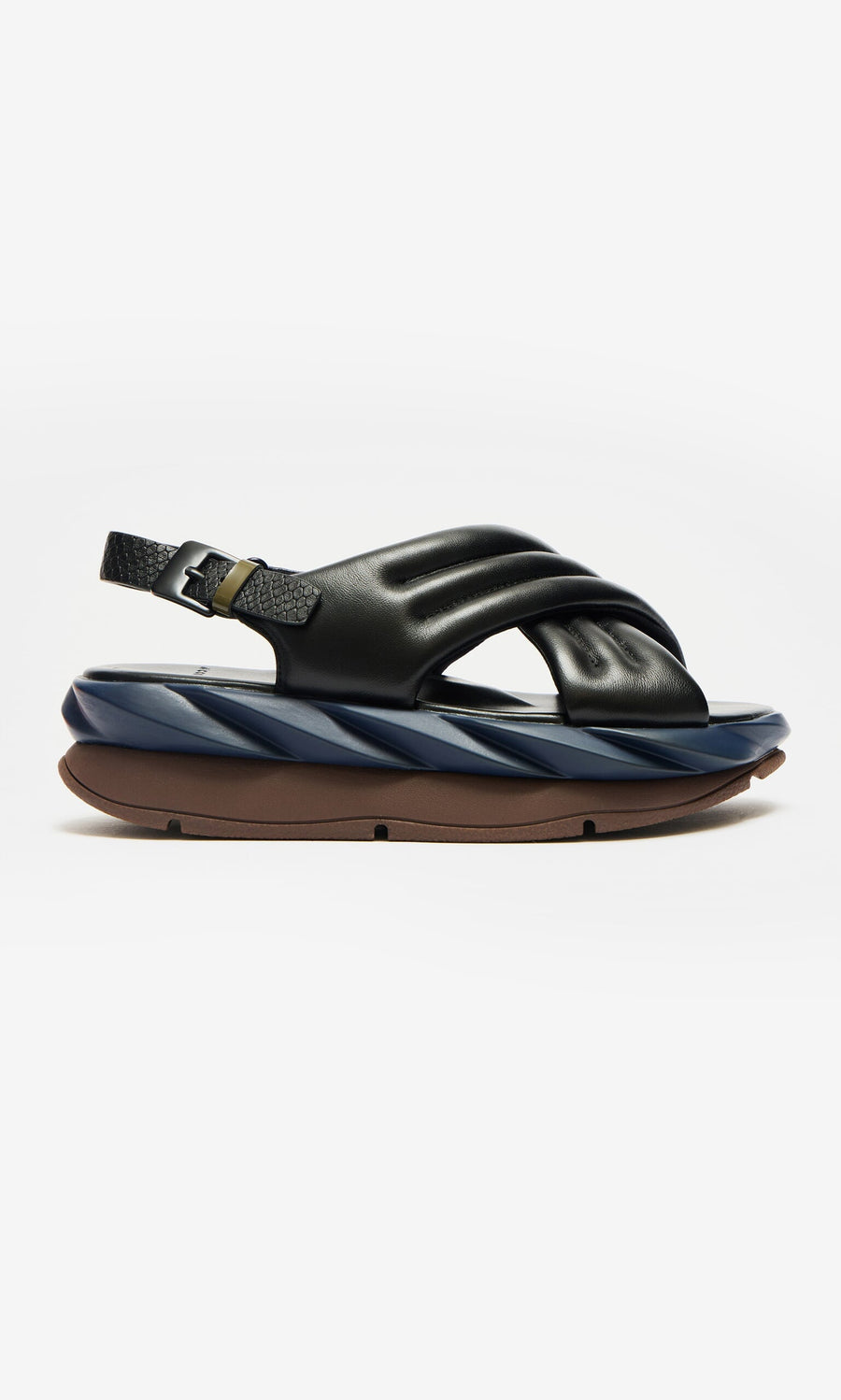 Plümo- Korra Sandals - Photoshoot Sample: black/navy padded leather, crisscross straps, buckle, cushioned wavy sole.