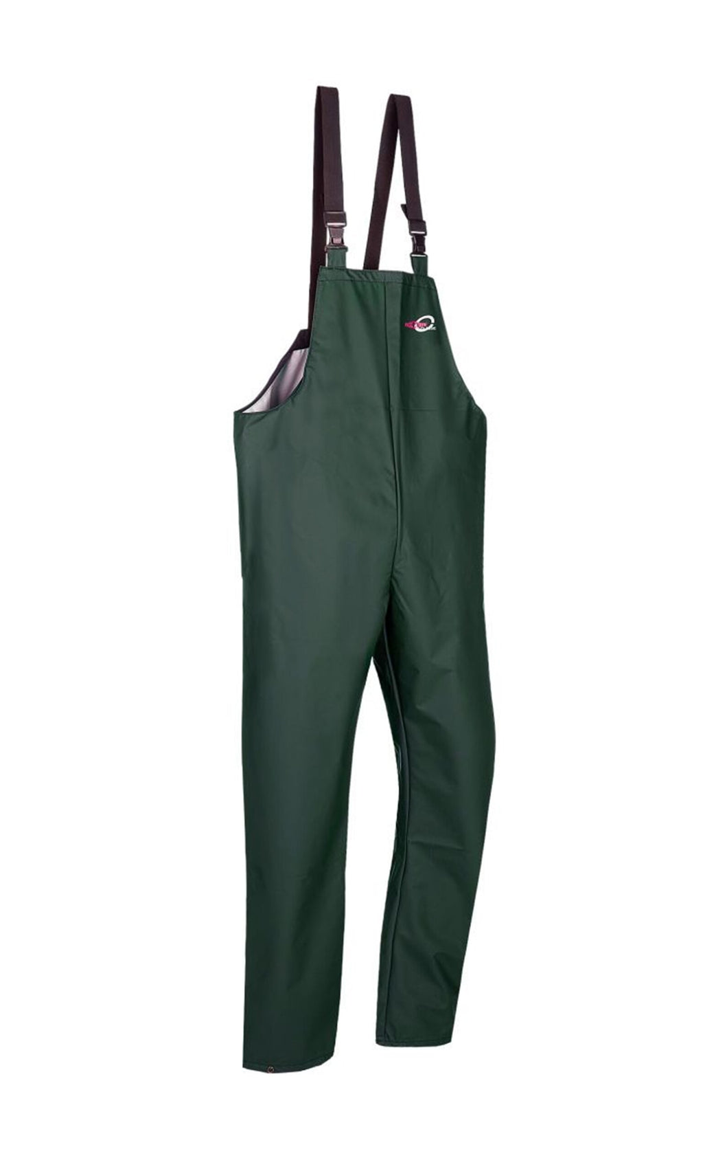Plümo- Land Dungarees: Dark green weatherproof overalls with black adjustable straps against a white background.