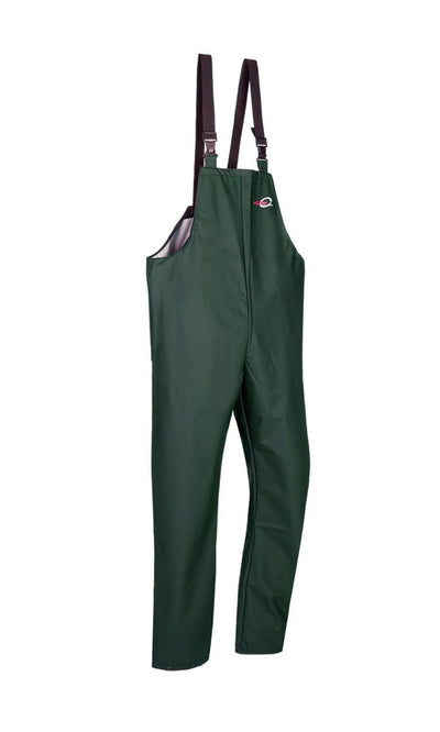 Plümo- Land Dungarees: Dark green weatherproof overalls with black adjustable straps against a white background.