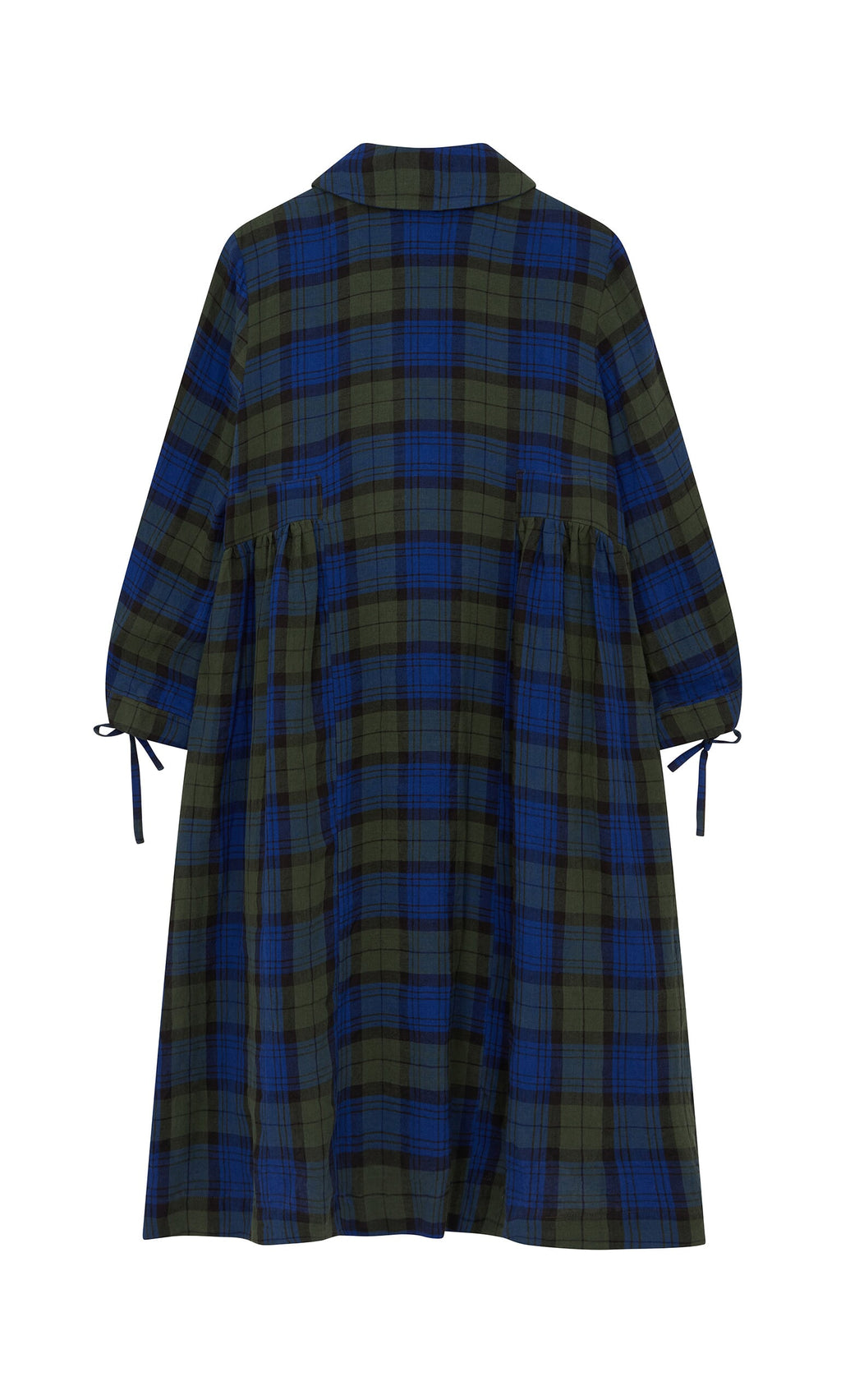 Plümo- The Laois Tartan Dress is a loose blue-green Irish linen plaid with a Peter Pan collar and sleeve ties, seen from the back.