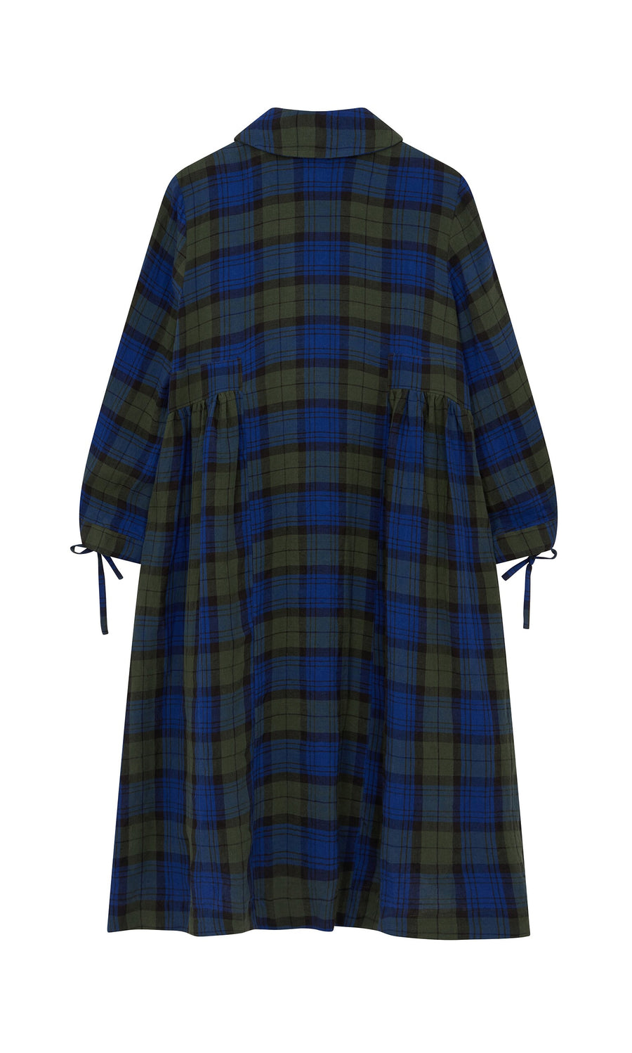 Plümo- The Laois Tartan Dress is a loose blue-green Irish linen plaid with a Peter Pan collar and sleeve ties, seen from the back.