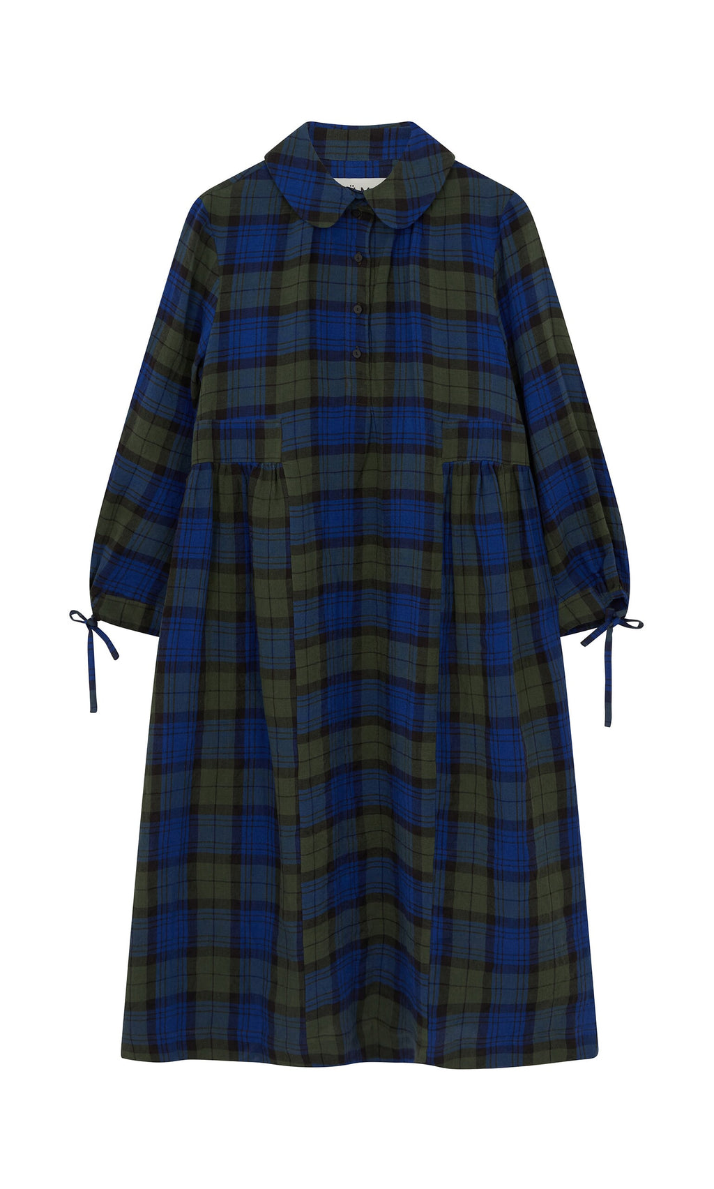 Plümo- The Laois Tartan Dress features long sleeves, blue-green plaid, a peter pan collar, front buttons, and cuff ties.