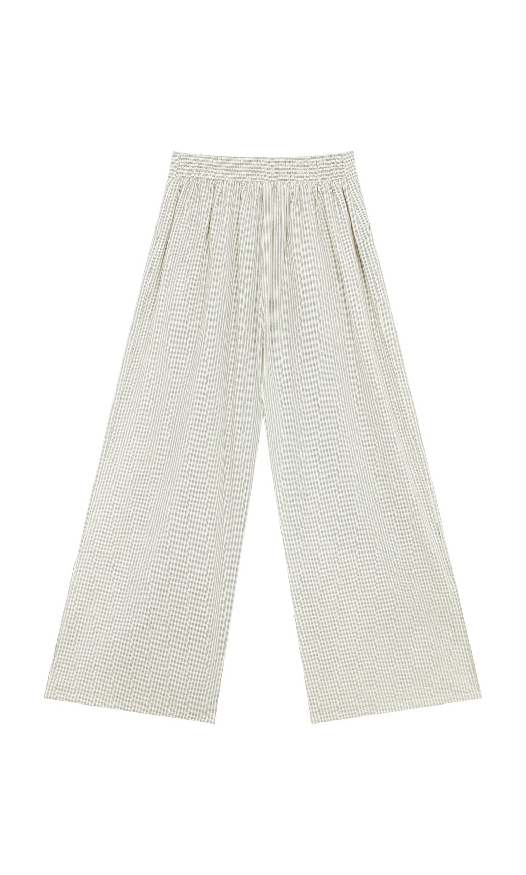 Plümo- Laurel Pants: wide-leg, high-waisted cotton palazzos with ticking stripes and elastic waist, shown laid flat on white.