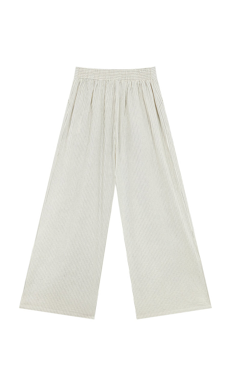 Plümo- Laurel Pants: wide-leg, high-waisted cotton palazzos with ticking stripes and elastic waist, shown laid flat on white.