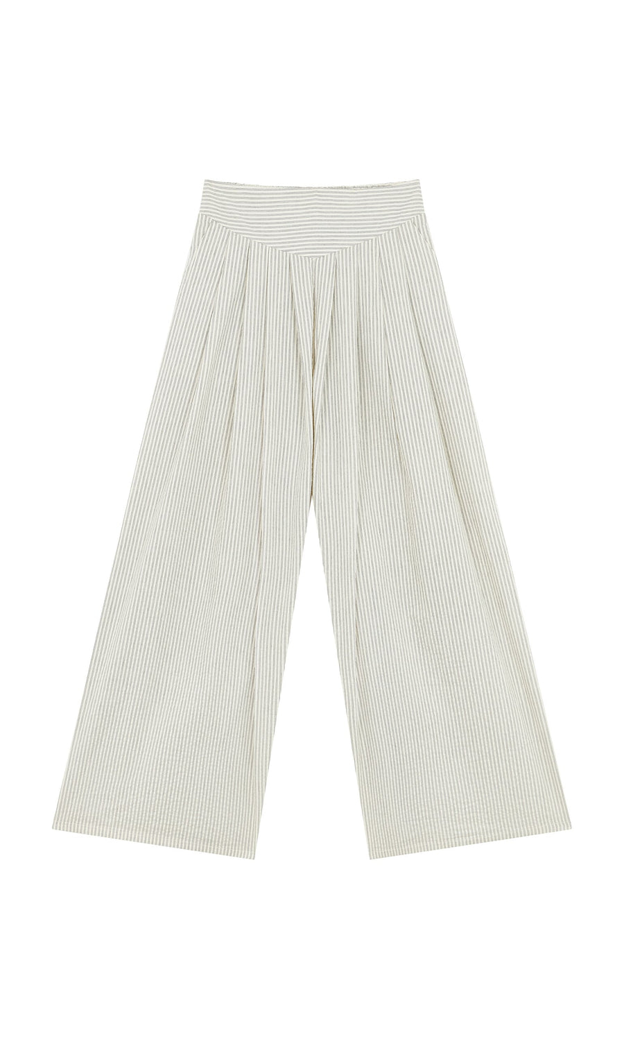 Plümo- Laurel Pants: Wide-leg, high-waisted cotton palazzos in light beige with ticking stripes and pleats, shown on white.