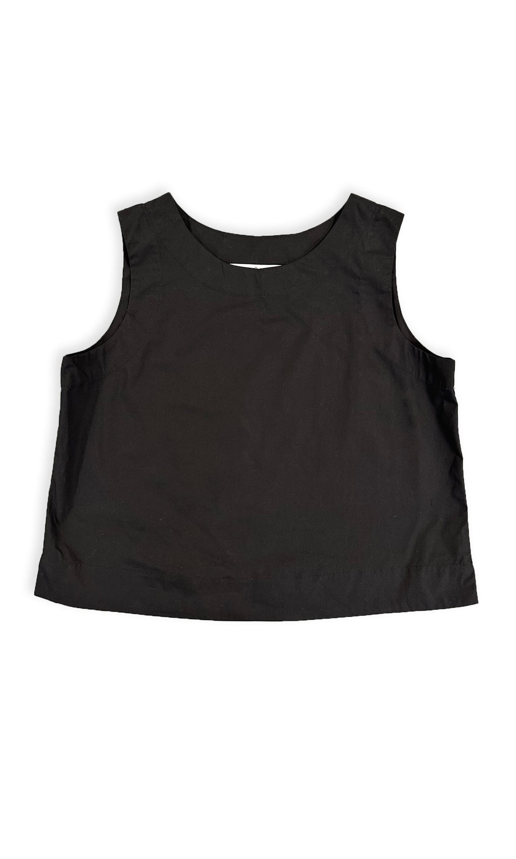 Plümo- Sleeveless black cotton Laurie Top with relaxed fit and round neckline, laid flat on a white background.