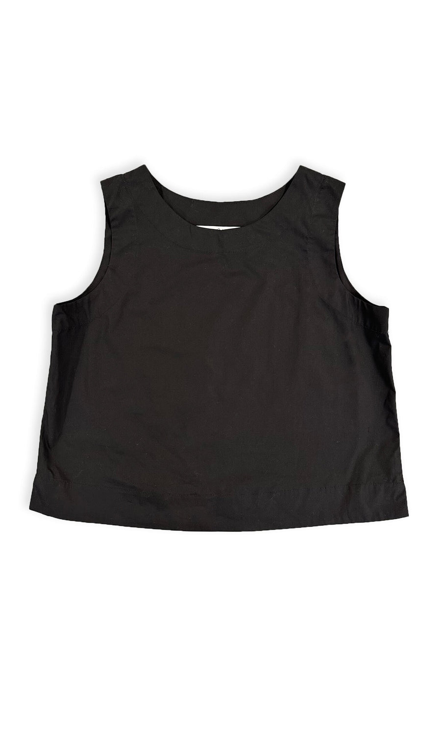 Plümo- Sleeveless black cotton Laurie Top with relaxed fit and round neckline, laid flat on a white background.