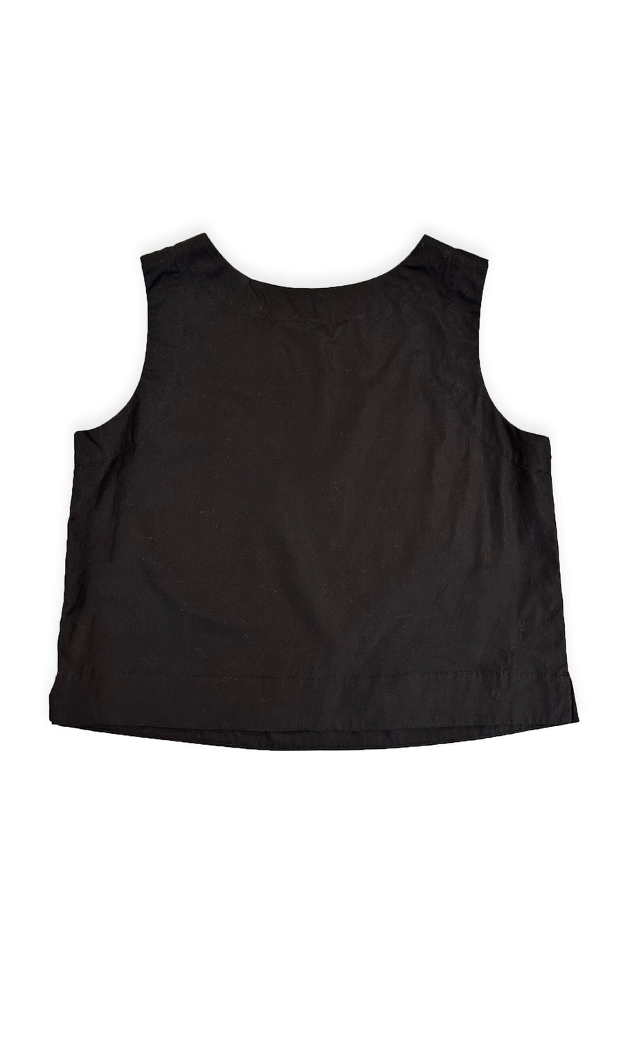 Plümo- Sleeveless black Laurie Top with relaxed fit, laid flat on a white background, shown from the back.