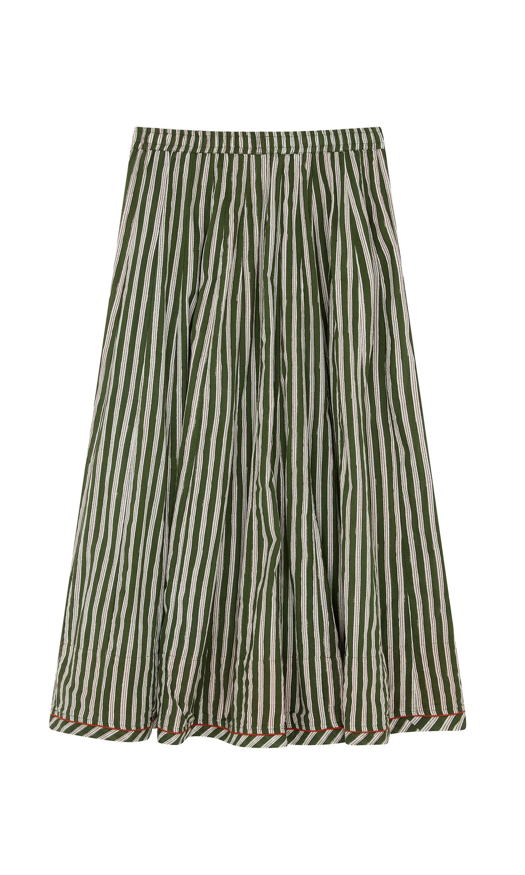 Plümo- Lilia Skirt: Green and white striped cotton skirt with elastic waistband, shown on a white background.