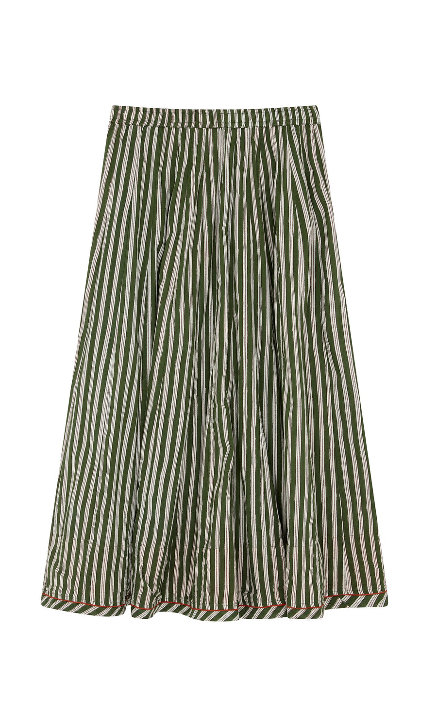 Plümo- Lilia Skirt: Green and white striped cotton skirt with elastic waistband, shown on a white background.