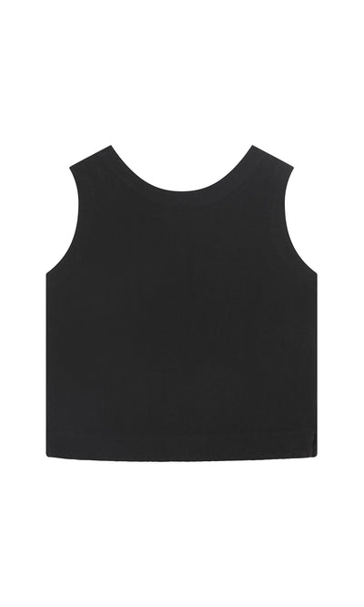 Plümo- The Linda Top - Solid Black is a sleeveless linen shell, sustainably made and shown on a white background.
