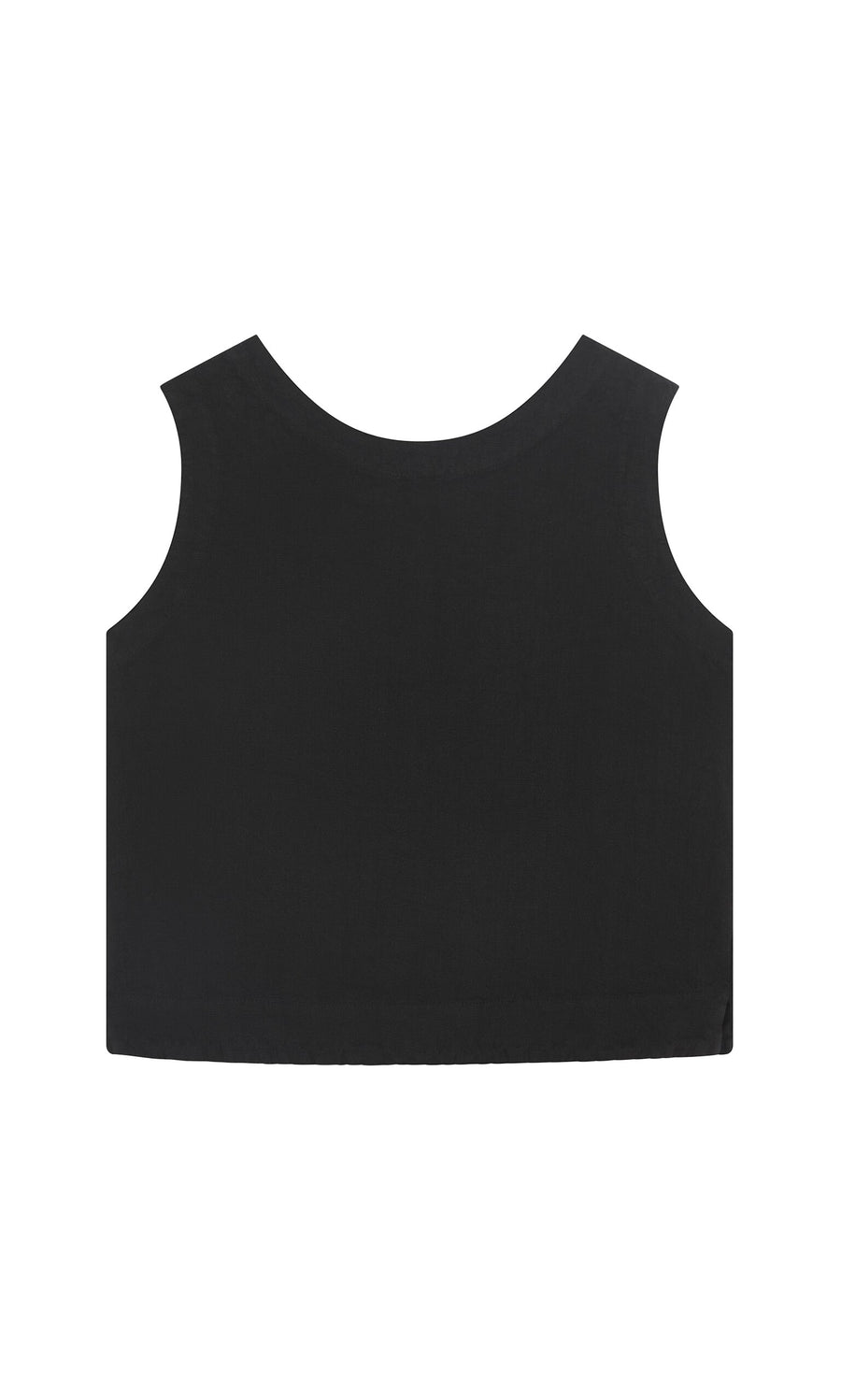 Plümo- The Linda Top - Solid Black is a sleeveless linen shell, sustainably made and shown on a white background.