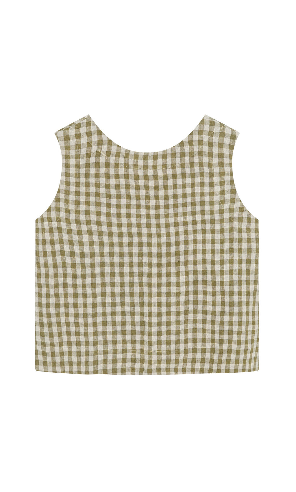 Plümo- Linda Top - Olive Gingham: sleeveless linen, olive and white checks, boxy cut, shown flat on a white background.