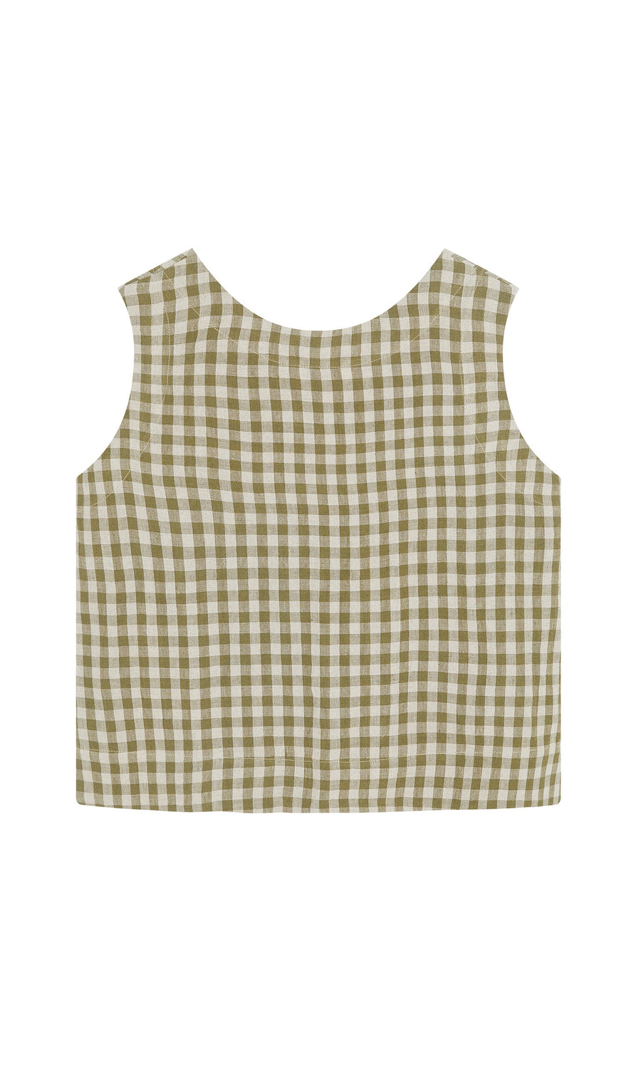 Plümo- Linda Top - Olive Gingham: sleeveless linen, olive and white checks, boxy cut, shown flat on a white background.