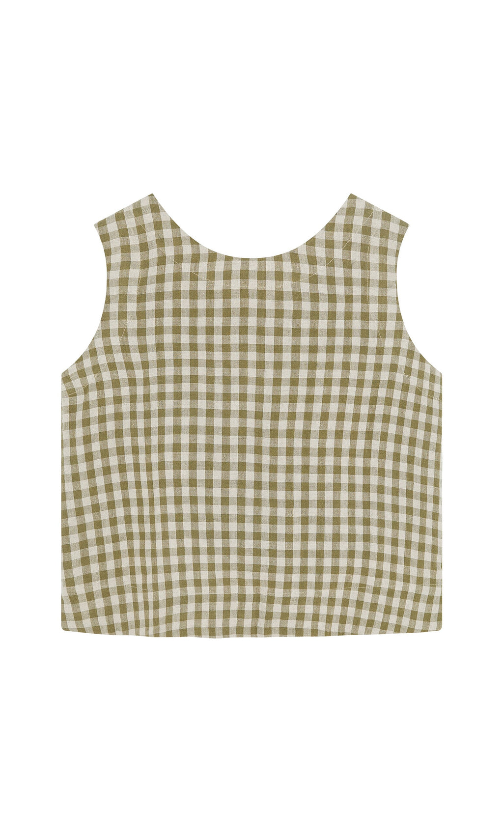 Plümo- Linda Top - Olive Gingham: sleeveless, boxy linen top in green and white checks, shown flat on white background.