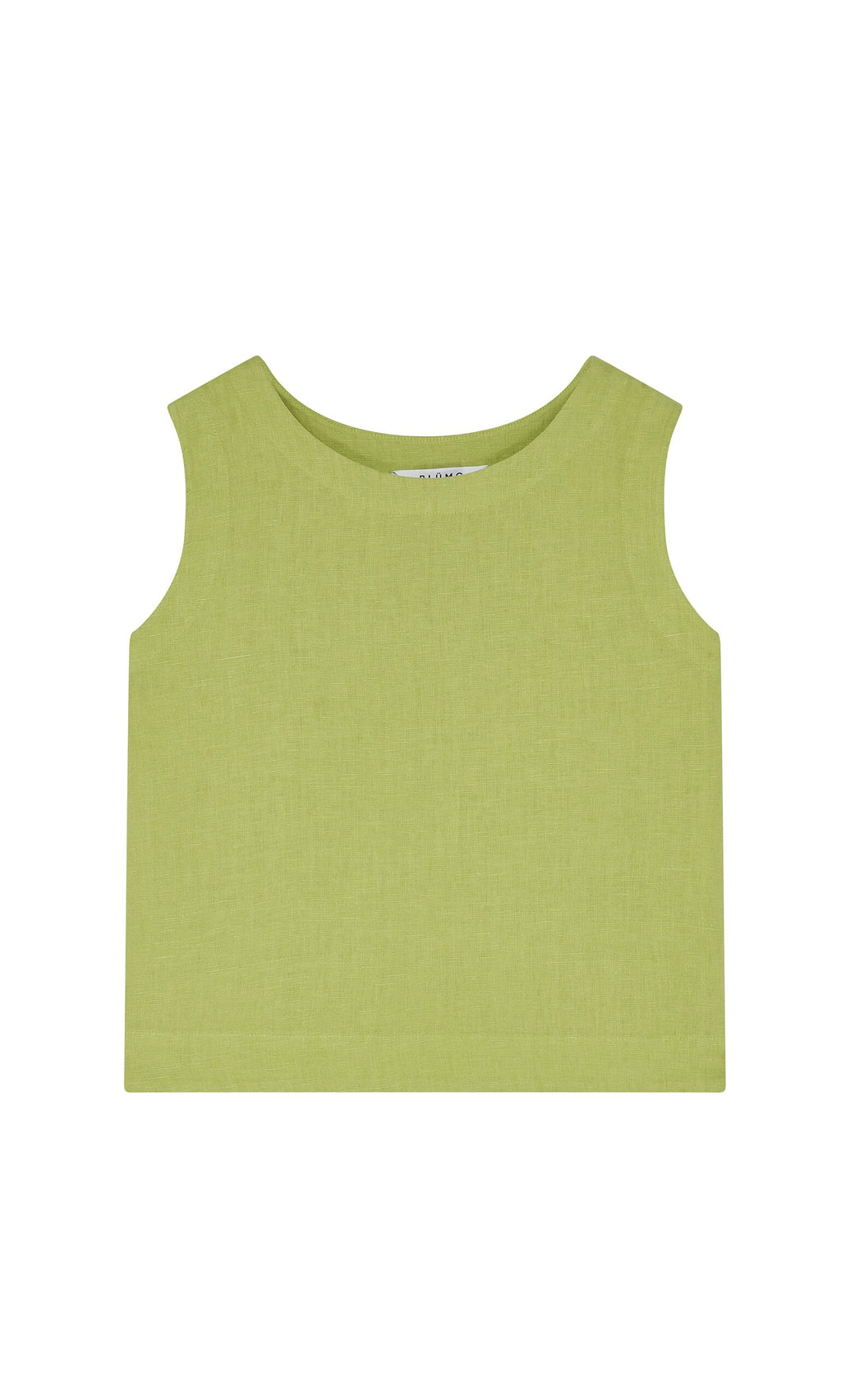 Plümo- Linda Top - Sorrel: Sleeveless lime green linen shell with boat neckline, sustainably made, shown on white background.