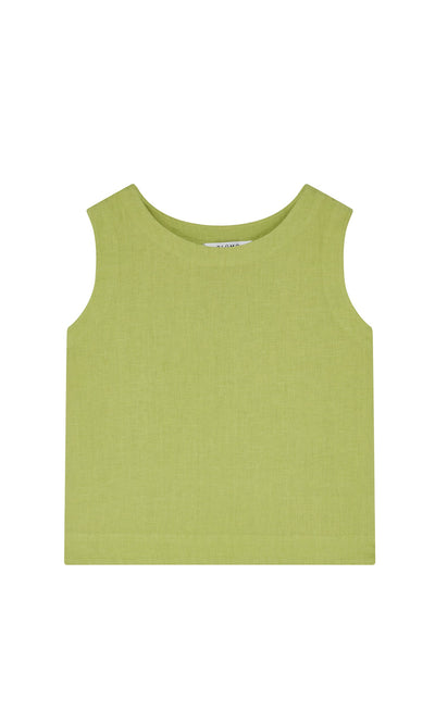 Plümo- Linda Top - Sorrel: Sleeveless lime green linen shell with boat neckline, sustainably made, shown on white background.