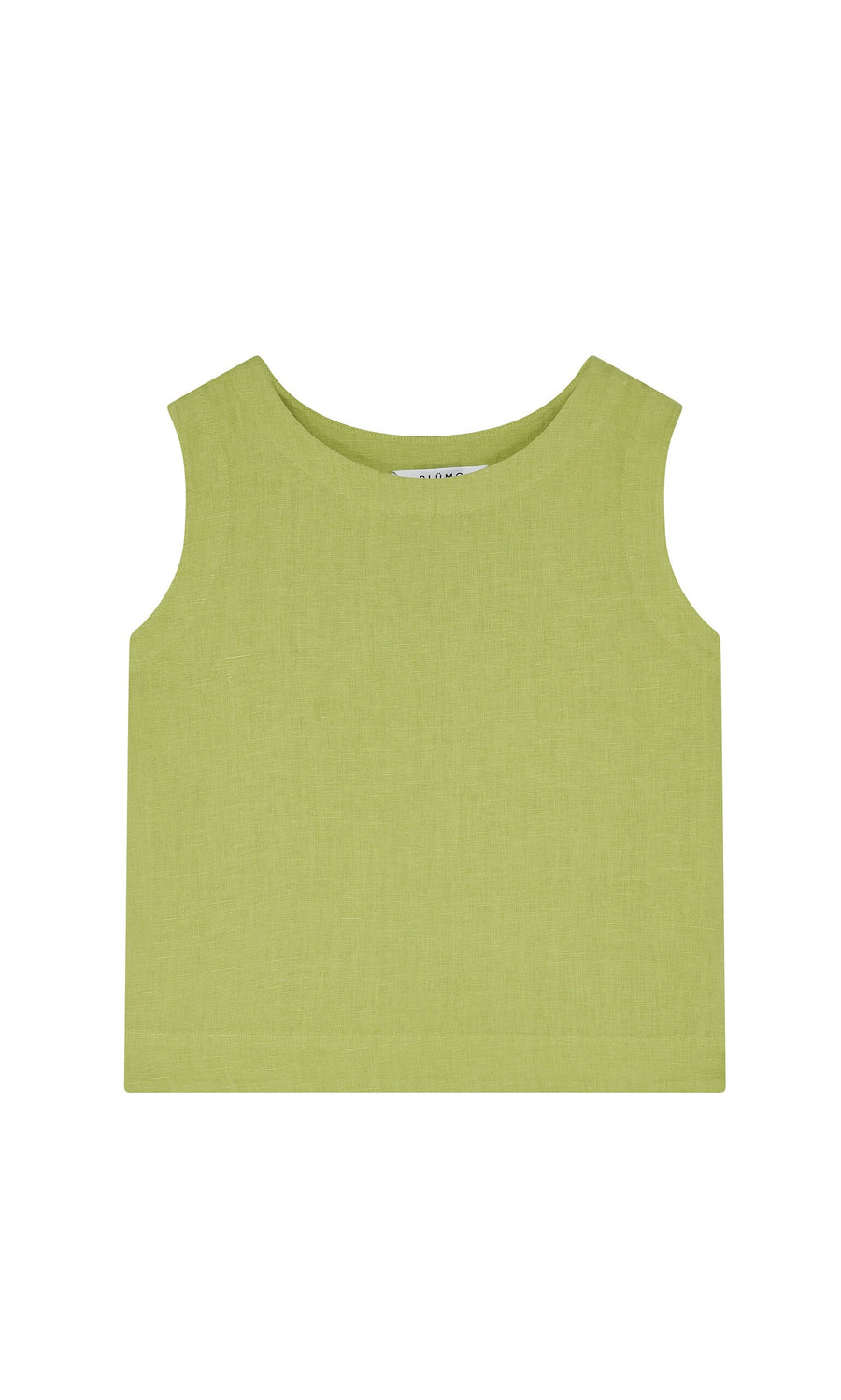 Plümo- Linda Top - Sorrel: Sleeveless lime green linen shell with boat neckline, sustainably made, shown on white background.