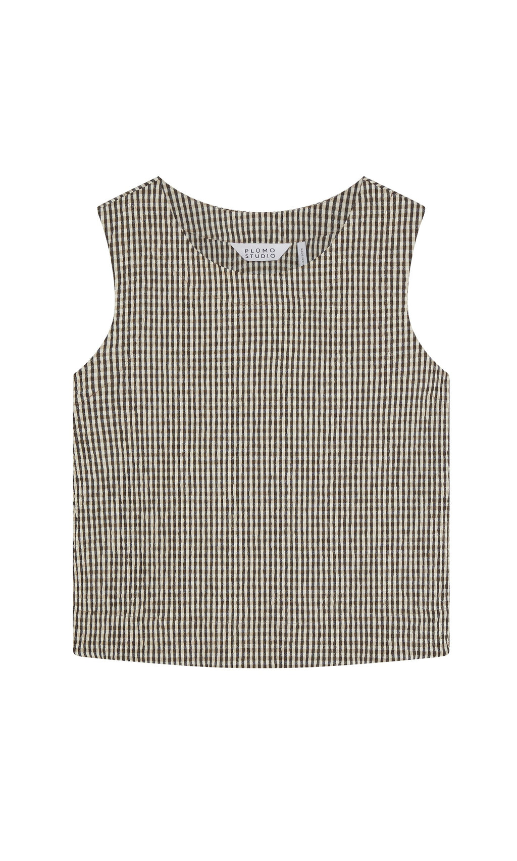 Plümo- Linda Top - Gingham: sleeveless seersucker cotton top with black/white gingham and round neckline, made in London.