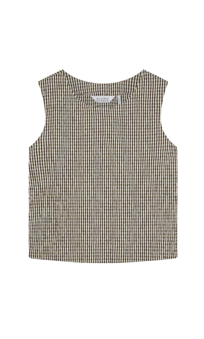 Plümo- Linda Top - Gingham: sleeveless seersucker cotton top with black/white gingham and round neckline, made in London.