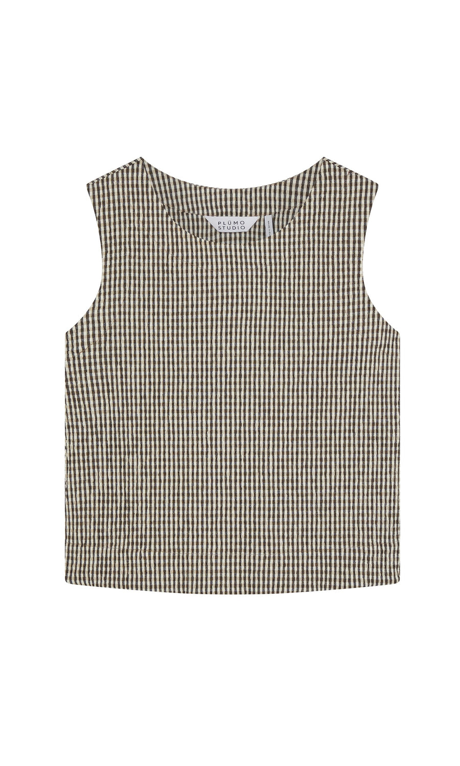 Plümo- Linda Top - Gingham: sleeveless seersucker cotton top with black/white gingham and round neckline, made in London.