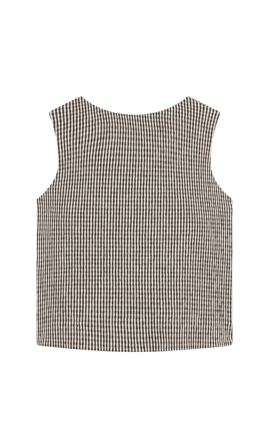 Plümo- Linda Top - Gingham: sleeveless, scoop neck crop top in black and white seersucker cotton, laid flat on white.