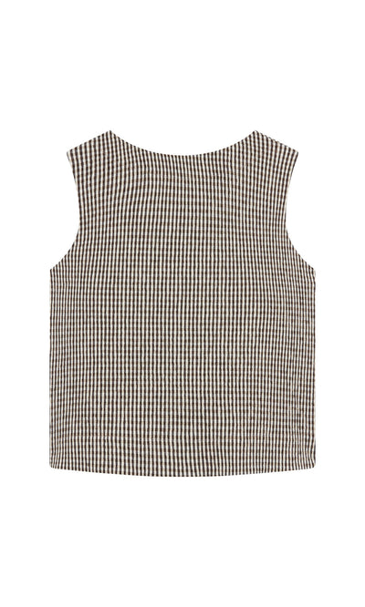 Plümo- Linda Top - Gingham: sleeveless, scoop neck crop top in black and white seersucker cotton, laid flat on white.