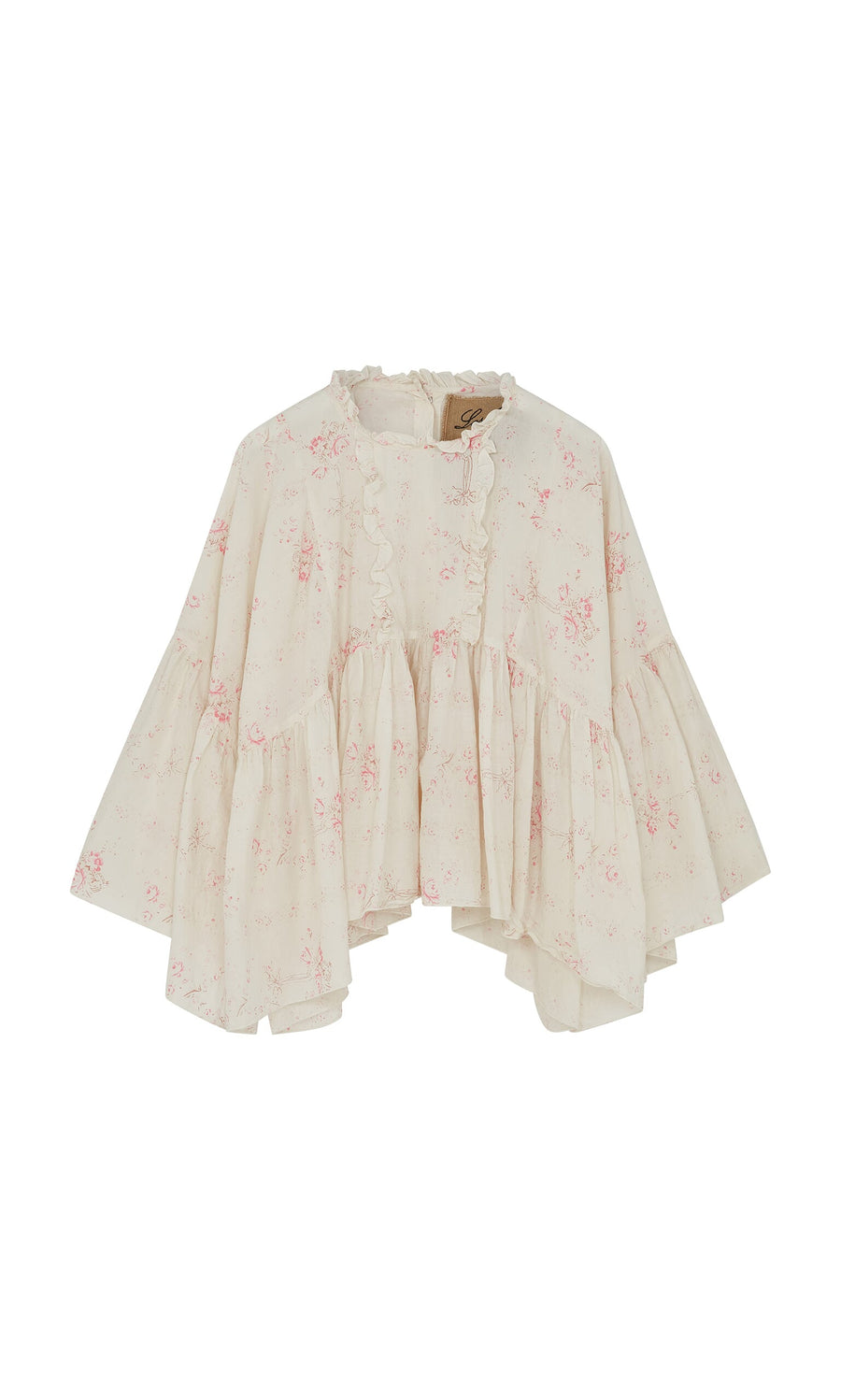 Plümo- Litchen Blouse: cream peplum with vintage floral print, ruffled trims, and a loose, flowy fit.