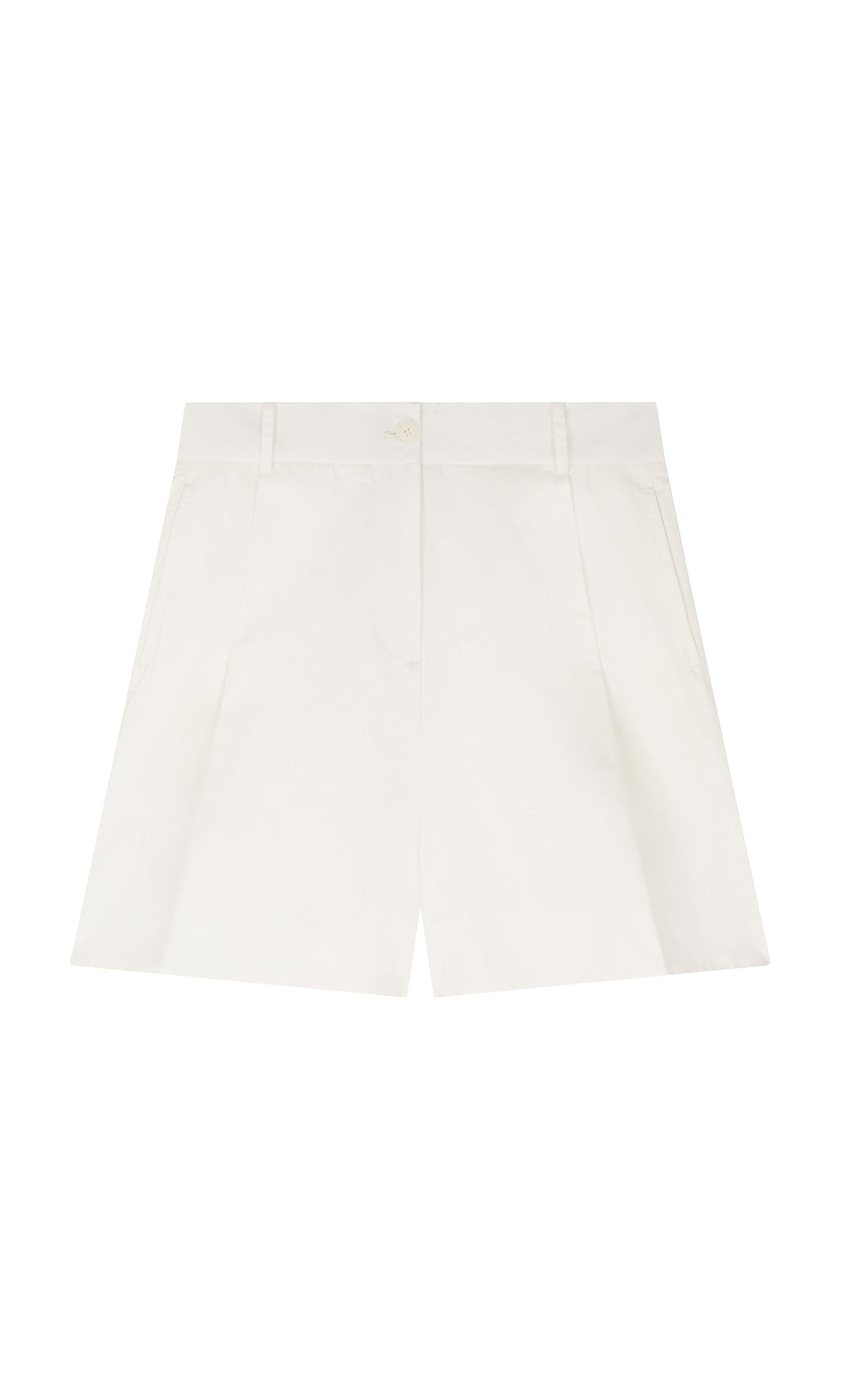 Plümo- The Lola Shorts: white high-waisted cotton, belt loops, side pockets, wide leg; shown flat on a plain background.