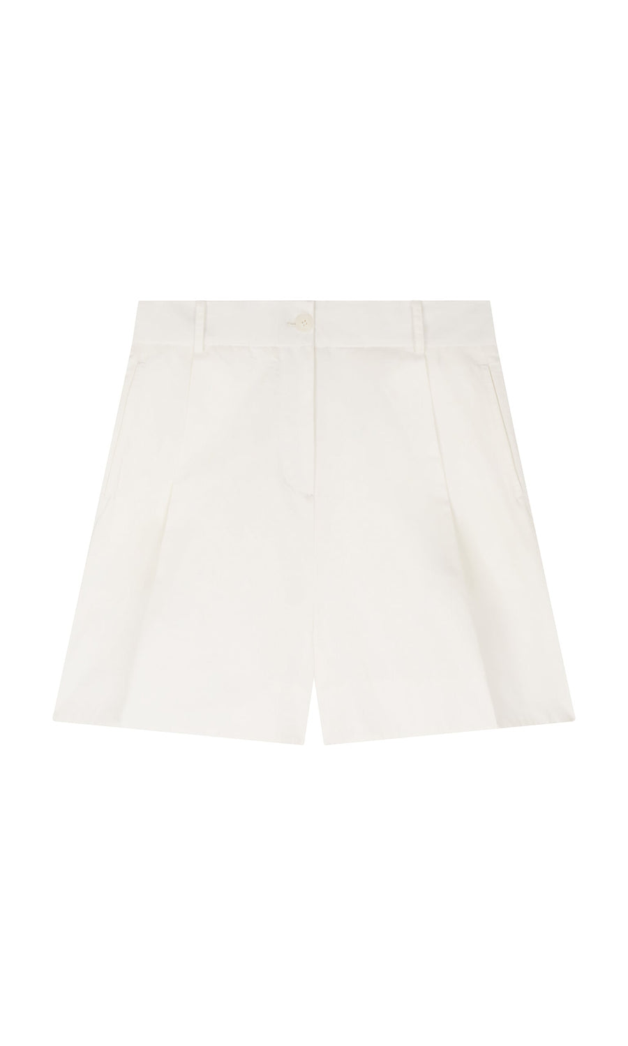 Plümo- The Lola Shorts: white high-waisted cotton, belt loops, side pockets, wide leg; shown flat on a plain background.