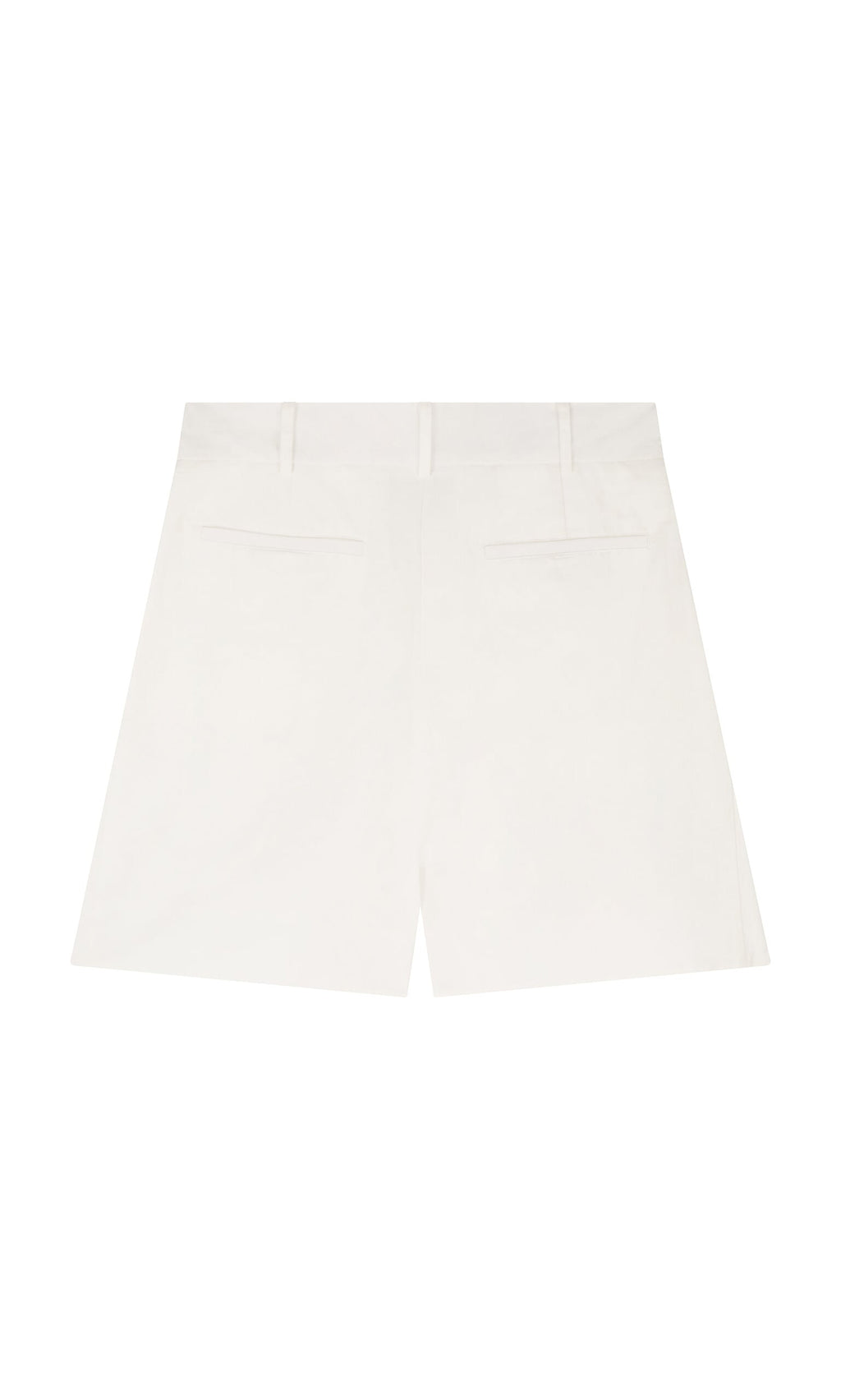 Plümo- Back view of Lola Shorts in white cotton with belt loops, welt pockets, and a chic wide-leg silhouette.