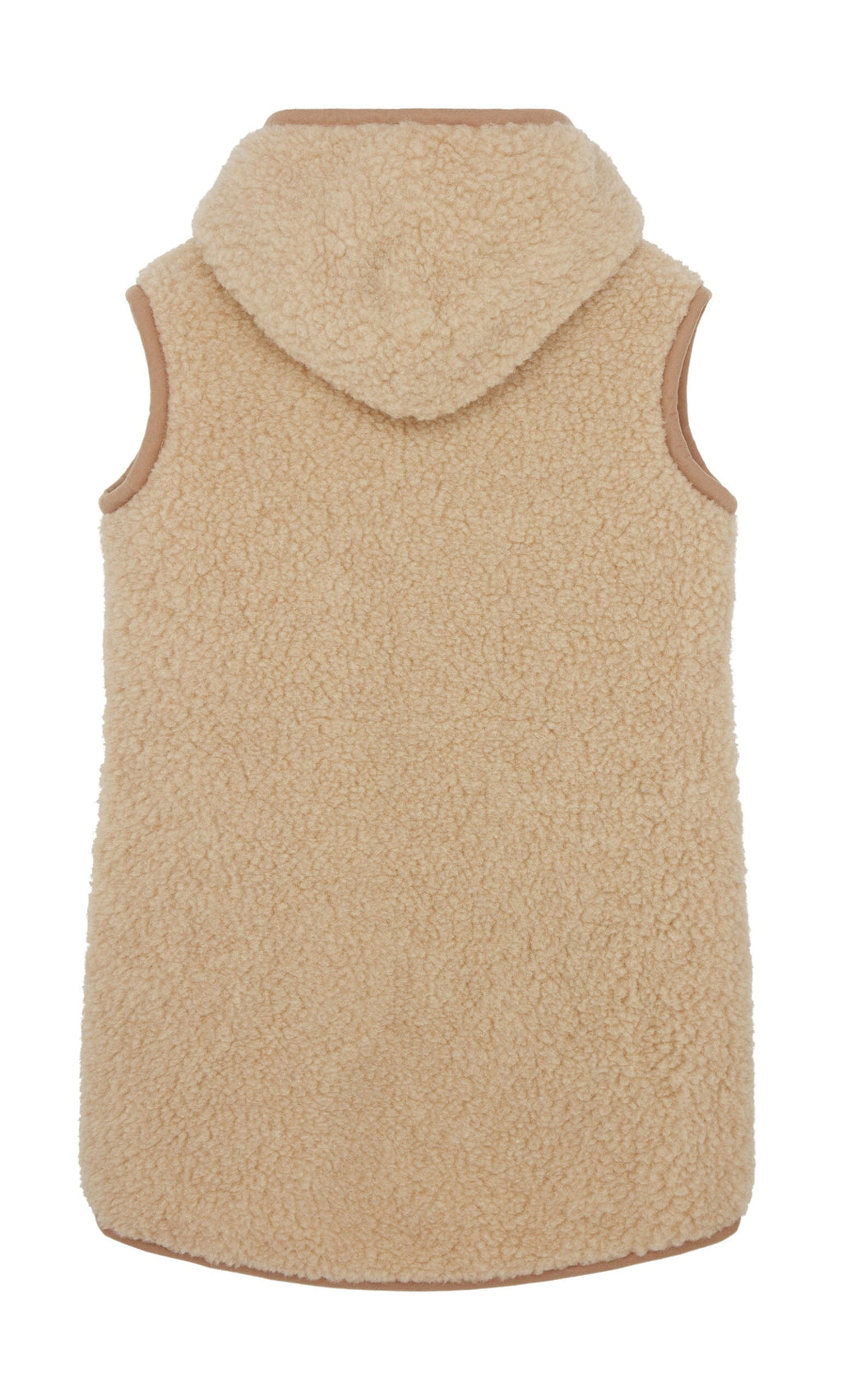 Plümo- Long Rambler Gilet - Natural: beige, sleeveless sherpa fleece hooded gilet shown from the back.
