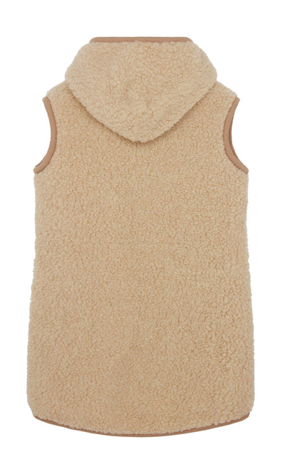 Plümo- Long Rambler Gilet - Natural: beige, sleeveless sherpa fleece hooded gilet shown from the back.